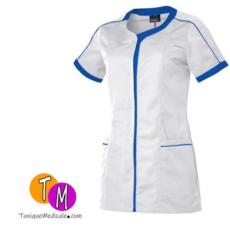 Blouse tunique femme médicale blanche garnie bleue roy manches courtes