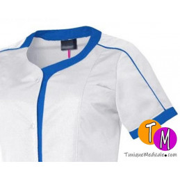 Blouse tunique femme médicale blanche garnie bleue roy manches courtes zoom