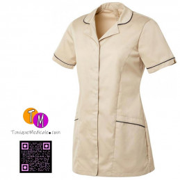 Tunique blouse médicale femme couleur beige garnie liseré bleu foncé - Livraison gratuite