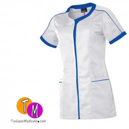 Blouse tunique Femme médicale blanche avec parements bleue roy - Livraison gratuite