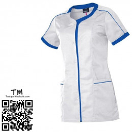 Blouse tunique Femme médicale blanche avec parements bleue roy - Livraison gratuite