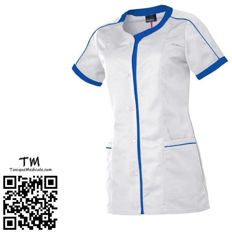 Blouse tunique Femme médicale blanche avec parements bleue roy - Livraison gratuite