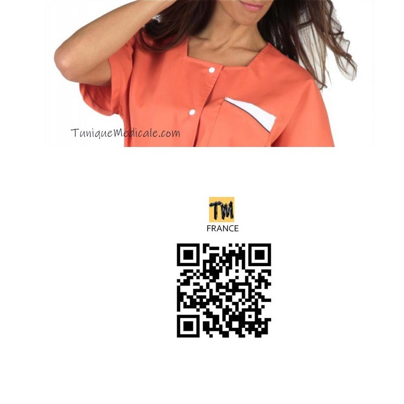 Blouse tunique médicale abricot femme garnie blanc manches courtes