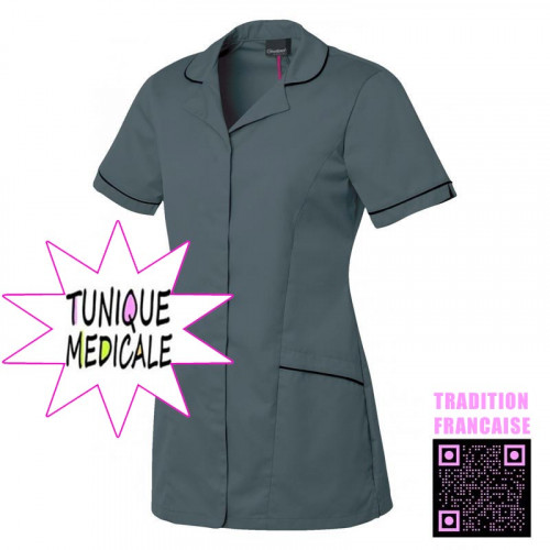 Tunique médicale femme couleur gris foncé garnie liseré noir